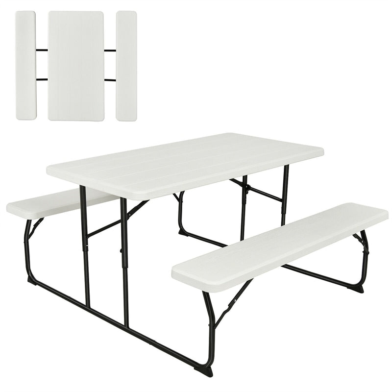 Folding Picnic Table Bench Set Outdoor Dining Table Large Camping Table with 2 Built-in Bench, HDPE Wood-like Texture, Weatherproof Steel Frame