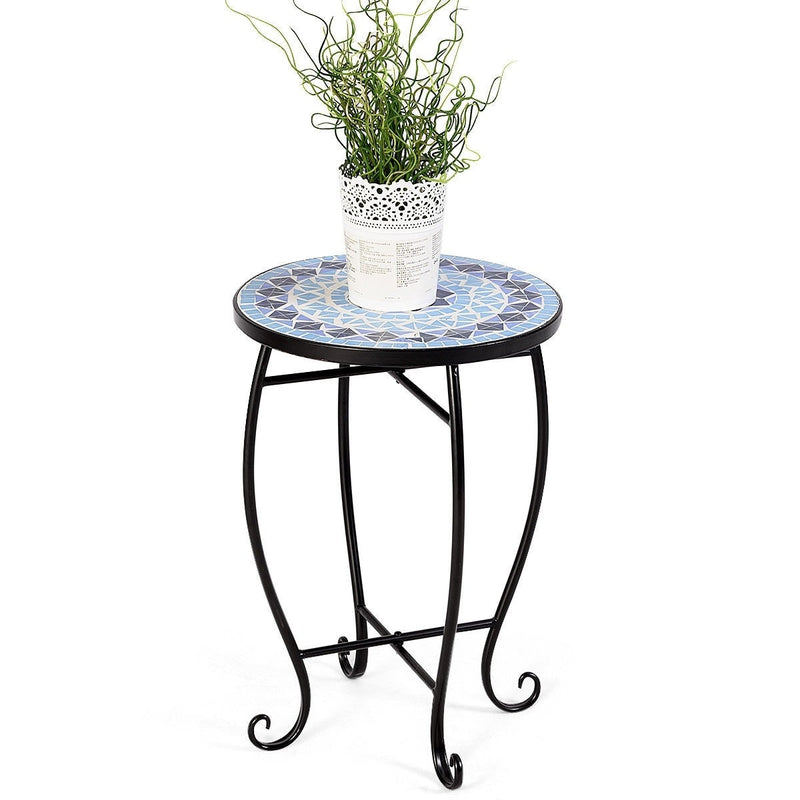 Outdoor Indoor Steel Round Accent Table Mosaic Plant Stand Cobalt Table - Bestoutdor