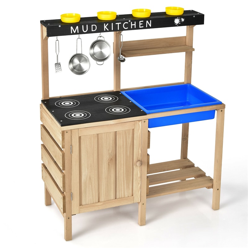Kids Mud Kitchen Set Wooden Pretend Play Kitchen Toy with Kitchenware for Outdoor Indoor