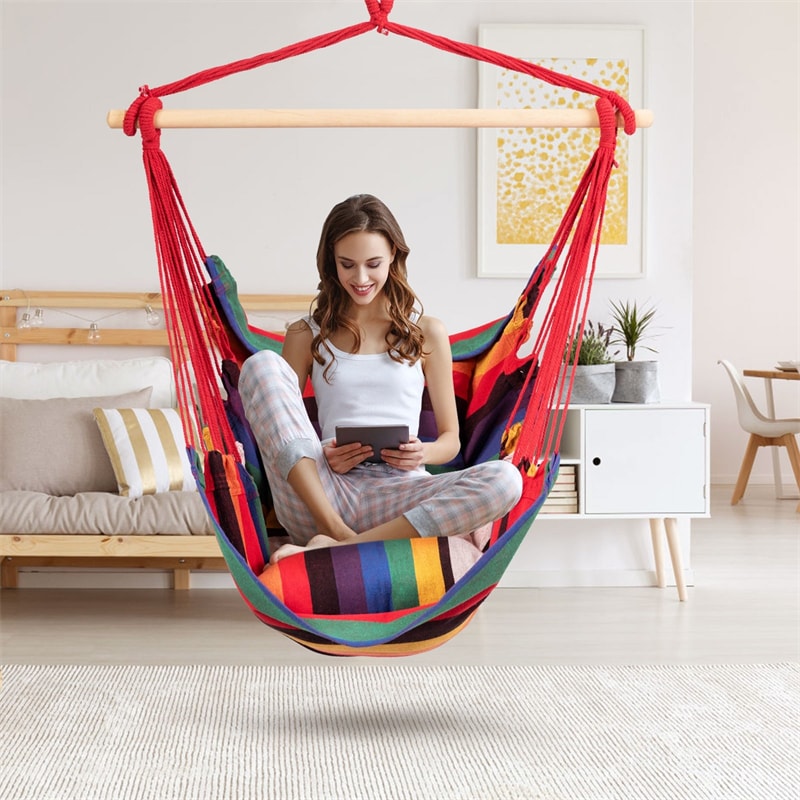 Hammock Chair Hanging Rope Swing Chair Cotton Rope Hammock Chair with 2 Cushions for Bedroom Patio Porch Yard Balcony Tree