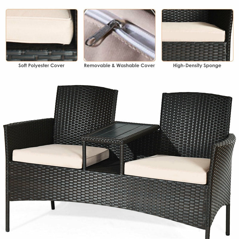 Outdoor Rattan Loveseat with Cushions and Coffee Table
