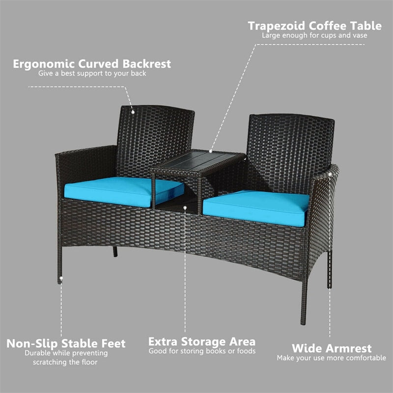 Outdoor Rattan Loveseat with Cushions and Coffee Table