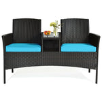 Patented Modern Wicker Patio Conversation Set Outdoor Rattan Loveseat with Built-in Coffee Table & Cushions