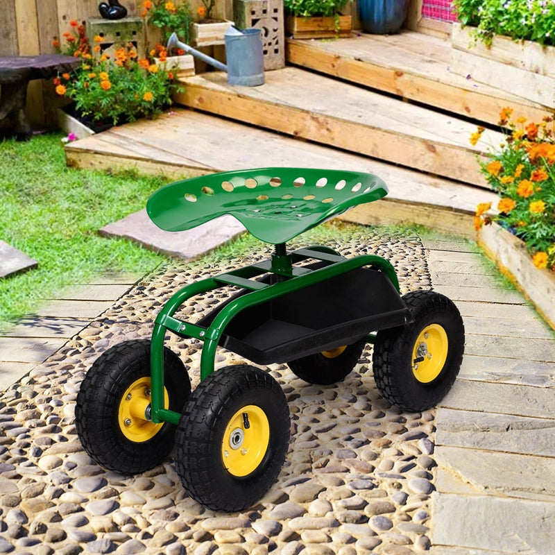Outdoor Rolling Garden Cart Wagon Scooter with 360° Swivel Seat