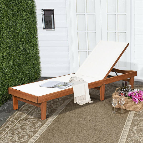 Outdoor Eucalyptus Wood Chaise Lounge with 5-Position Adjustable Backrest & Quick-Dry Fabric, Reclining Patio Lounge Chair for Poolside, Backyard