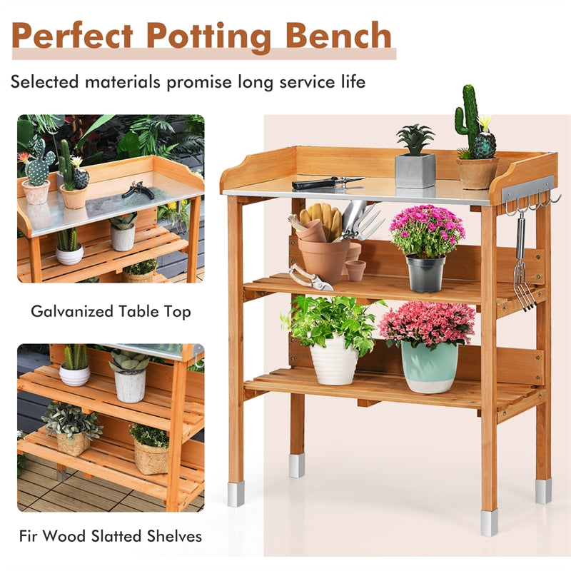 Wooden Garden Potting Bench Outdoor Work Station Table Storage Shelf with Metal Tabletop & Hooks