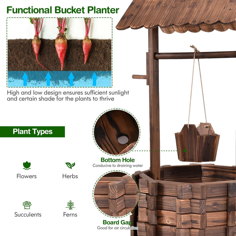 Rustic Outdoor Wooden Wishing Well Planter with Hanging Bucket - Bestoutdor