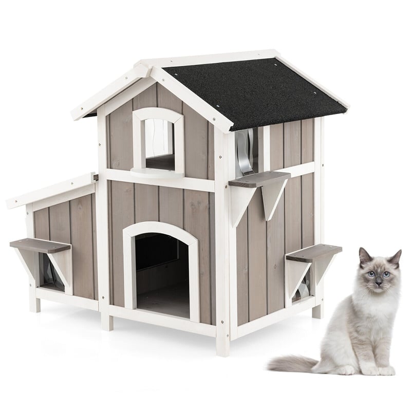 2-Story Outdoor Cat House Wooden Feral Cat Shelter Kitty House Habitat with Escape Doors, PVC Curtains & Weatherproof Asphalt Roof
