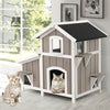 2-Story Outdoor Cat House Wooden Feral Cat Shelter Kitty House Habitat with Escape Doors, PVC Curtains & Weatherproof Asphalt Roof