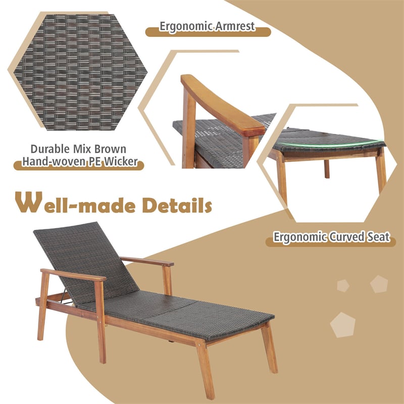 Outdoor Wicker Chaise Lounge Chair 4-Position Adjustable Recliner Patio Chair with Acacia Frame for Poolside Backyard