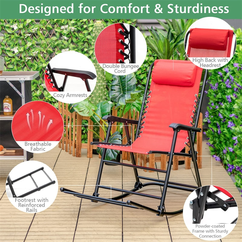 Patio Camping Rocking Chair Outdoor Folding Rocker with Pillow High Back Armrests Footrest