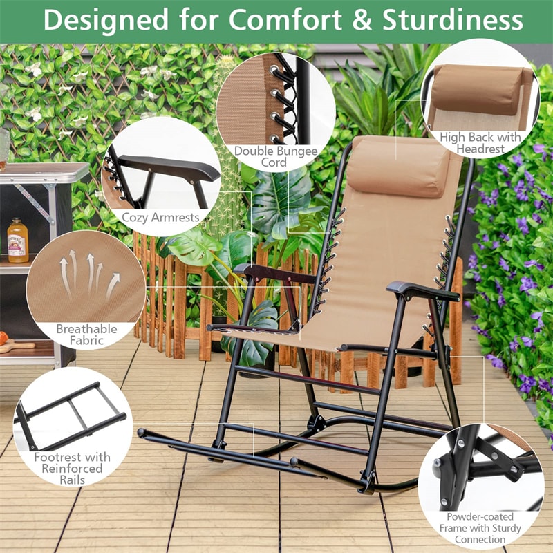 Patio Camping Rocking Chair Outdoor Folding Rocker with Pillow High Back Armrests Footrest