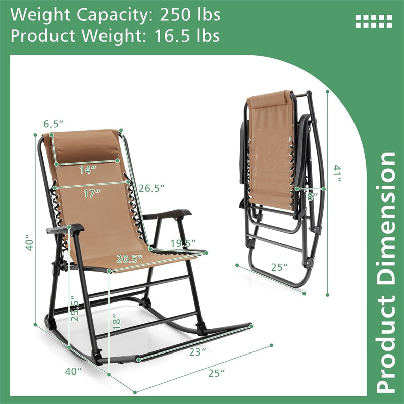 Patio Camping Rocking Chair Outdoor Folding Rocker with Pillow High Back Armrests Footrest