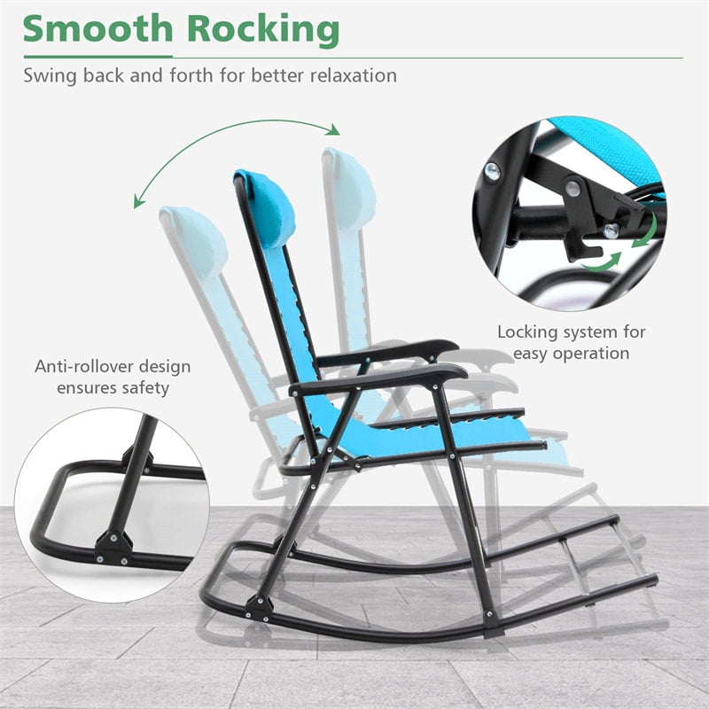 Patio Camping Rocking Chair Outdoor Folding Rocker with Pillow High Back Armrests Footrest