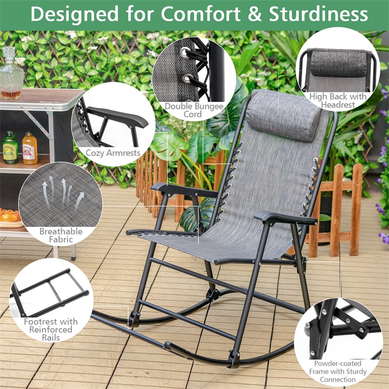 2 PCS Patio Camping Rocking Chairs Outdoor Folding Rockers with Pillow High Back Armrests Footrest