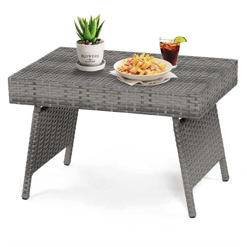 Patio Wicker Folding Side Table Outdoor PE Rattan Coffee Table Poolside Garden Lawn Bistro Table with Steel Frame