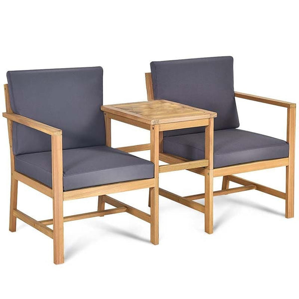 3 in 1 Patio Acacia Wood Loveseat Outdoor Chairs with Coffee Table & Cushions - Bestoutdor