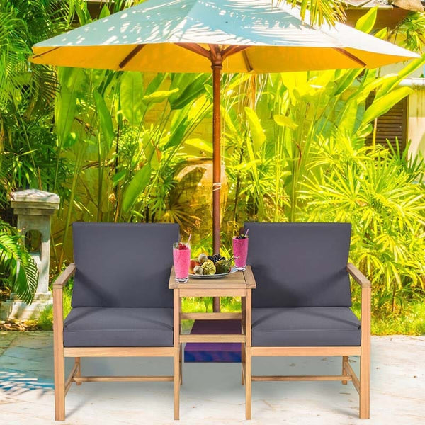 3 in 1 Patio Acacia Wood Loveseat Outdoor Chairs with Coffee Table & Cushions - Bestoutdor
