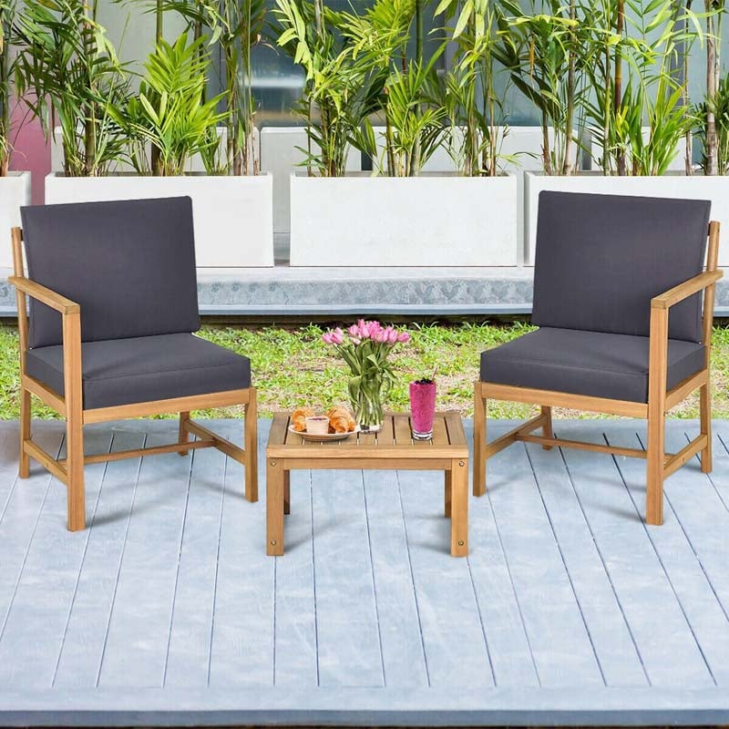 3 in 1 Patio Acacia Wood Loveseat Outdoor Chairs with Coffee Table & Cushions