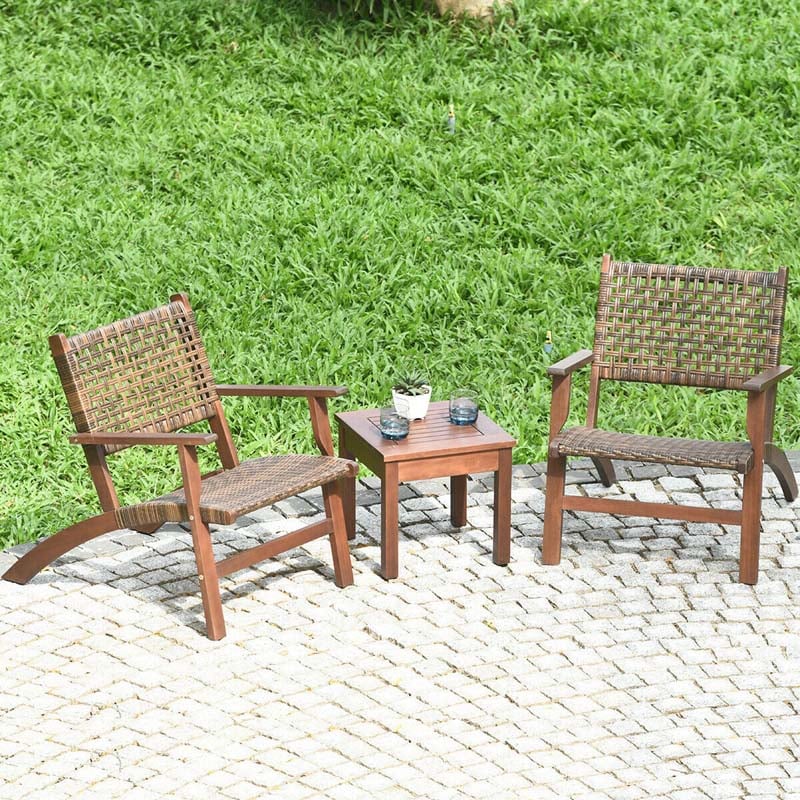 3pcs Outdoor Wicker Bistro Set Wooden Frame Rattan Conversation Set with Solid Wood Coffee Table
