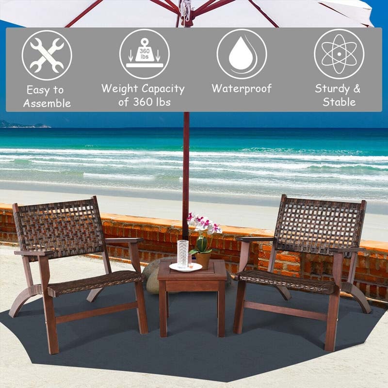 3pcs Outdoor Wicker Bistro Set Wooden Frame Rattan Conversation Set with Solid Wood Coffee Table