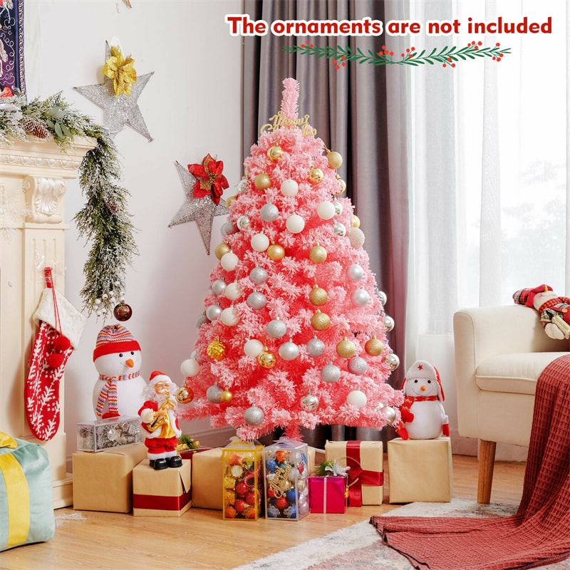 4.5FT Pink Christmas Tree Hinged Flocked Artificial Xmas Tree PVC Branch Tips with Metal Stand