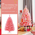 4.5FT Pink Christmas Tree Hinged Flocked Artificial Xmas Tree PVC Branch Tips with Metal Stand