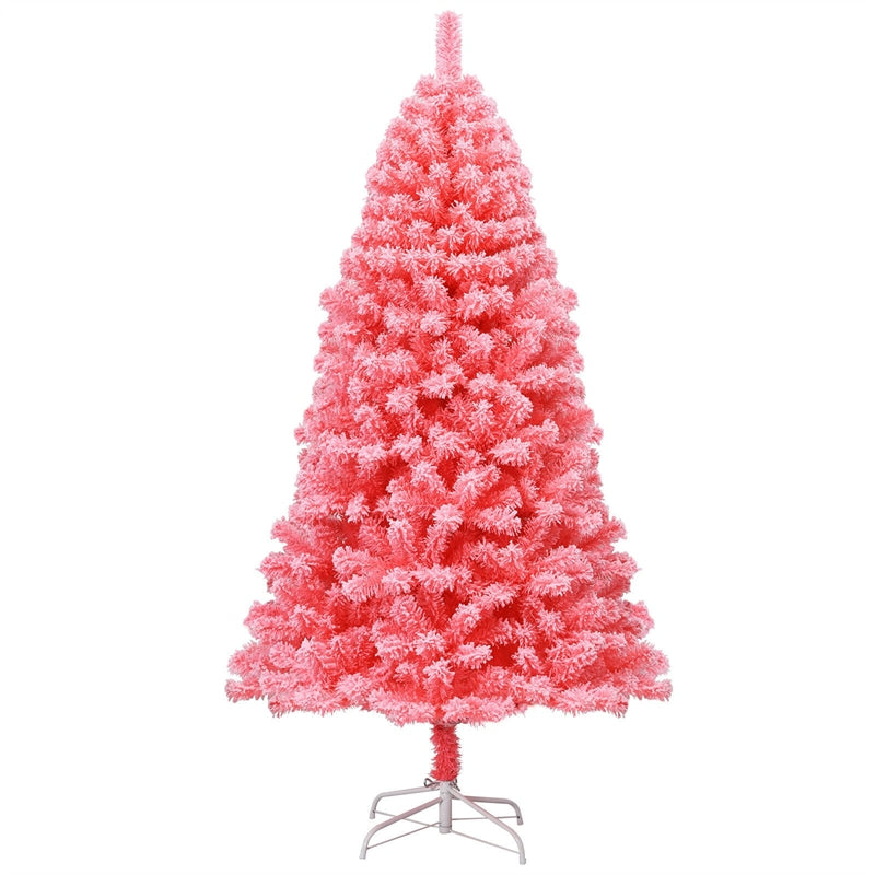 6.5FT Pink Christmas Tree Hinged Flocked Artificial Xmas Tree PVC Branch Tips with Metal Stand