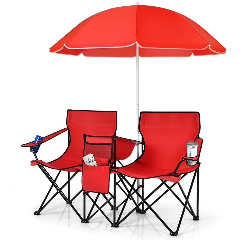Portable Double Folding Picnic Chair with Umbrella & Mini Table