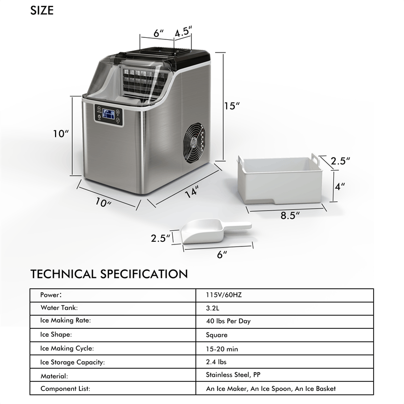 Portable Countertop Ice Maker for Home 40LBS/24H Small Ice Maker Machine with Top Inlet Hole Ice Scoop Basket
