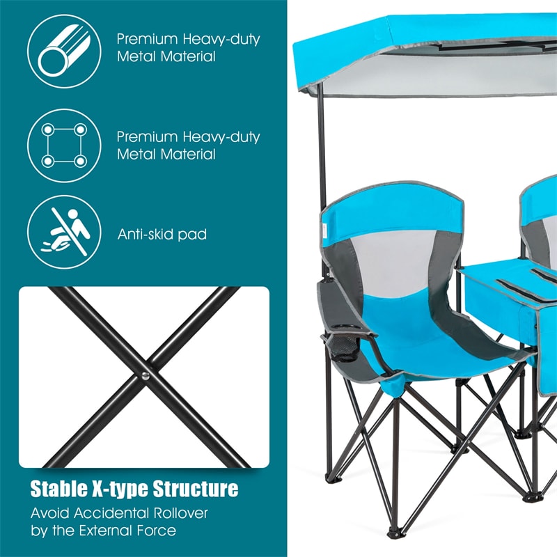 Folding Double Camping Chairs with Shade Canopy Portable Beach Chairs with Cup Holder