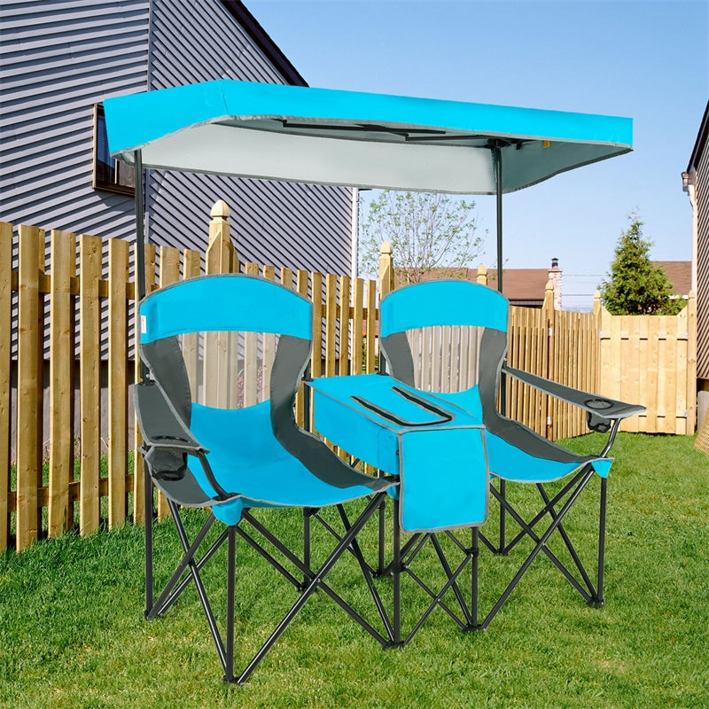 Folding Double Camping Chairs Portable Beach Chairs Lawn Chairs with Canopy Shade, Cup Holder & Carry Bag