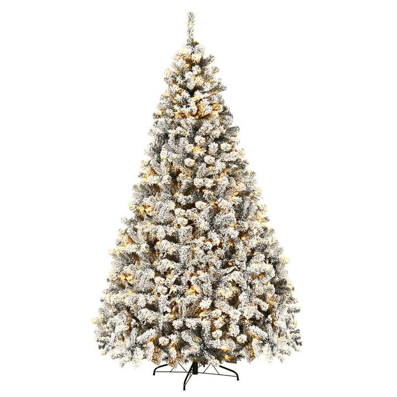 9FT Pre-Lit Snow Flocked Artificial Christmas Tree Premium PVC Hinged Pine Tree with LED Lights