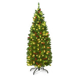 4.5ft Pre-lit Hinged Pencil Artificial Christmas Tree w/ Pine Cones Red Berries and LED Lights