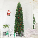 7.5ft Pre-lit Hinged Artificial Pencil Christmas Tree with Pine Cones Red Berries & LED Lights