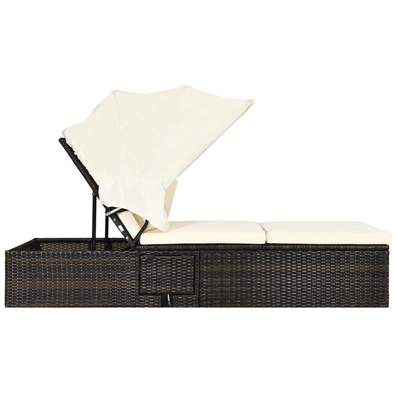 Outdoor Rattan Chaise Lounge Patio Reclining Chair with Retractable Canopy & Flip-up Tea Table