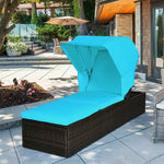 Outdoor Rattan Chaise Lounge Patio Reclining Chair with Retractable Canopy & Flip-up Tea Table