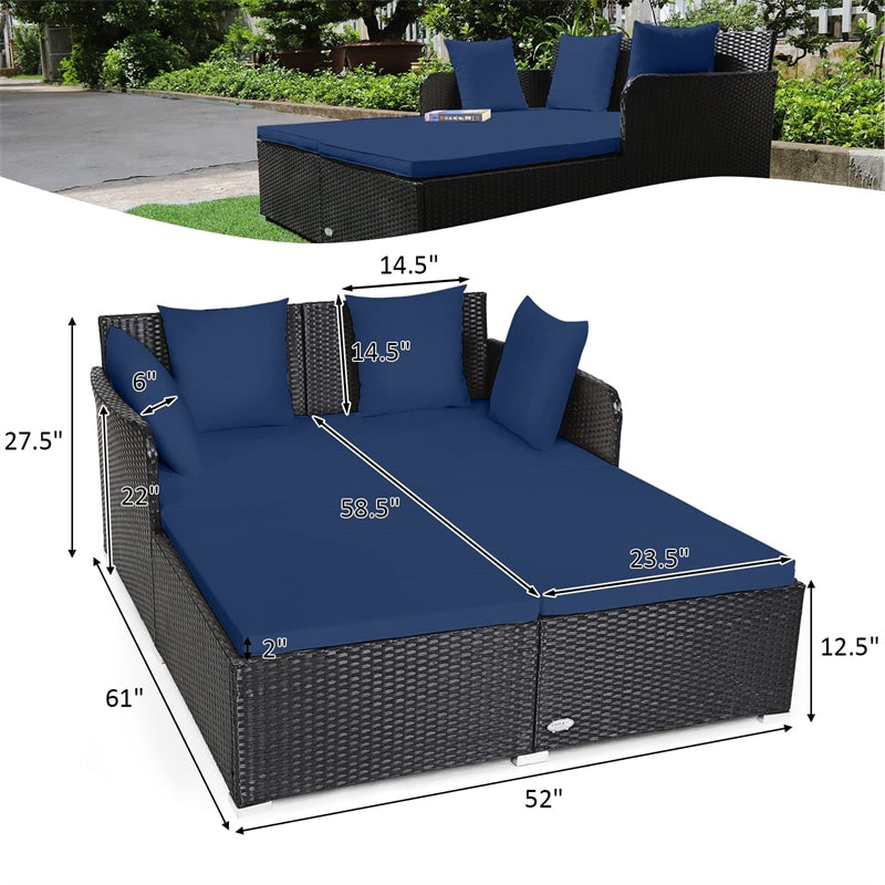 Wicker Outdoor Daybed Patio Rattan Double Chaise Lounge Sun Lounger with Seat Cushions & Pillows