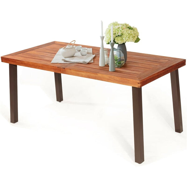 Acacia Wood Patio Dining Table with Umbrella Hole & Steel Legs, Indoor Outdoor Rectangular Table for Garden, Backyard, Poolside