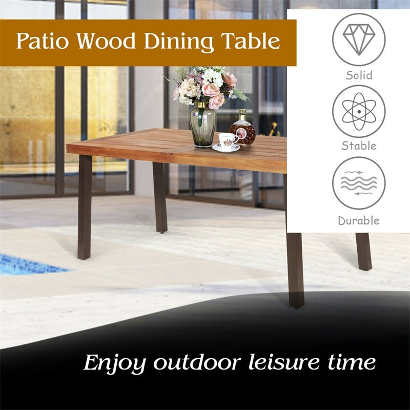Rectangular Acacia Wood Patio Dining Table with Umbrella Hole & Metal Legs