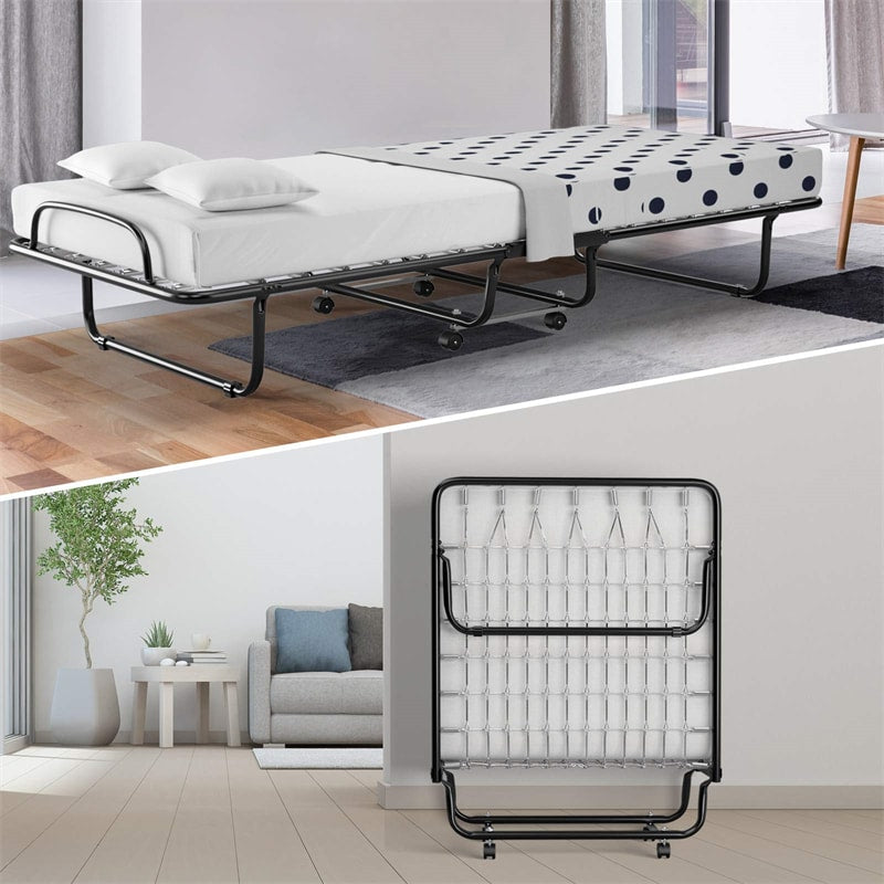 Rollaway Bed Portable Folding Guest Bed with 4 Inch Memory Foam Mattress & Metal Springs for Adults
