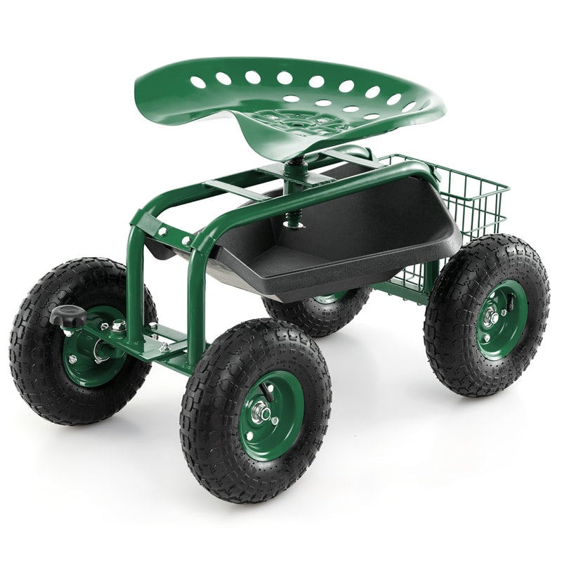 Rolling Garden Cart with 360° Swivel Seat, Tool Tray & Basket, Height Adjustable Gardening Workseat on Wheels, Patio Wagon Scooter for Planting - Bestoutdor