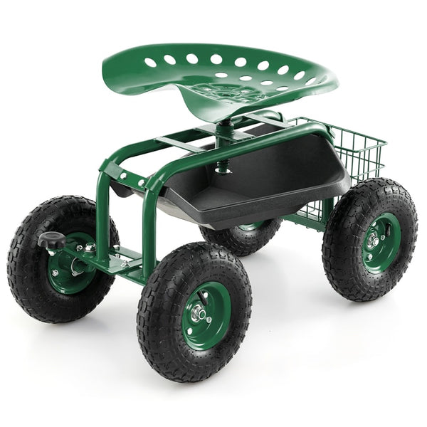 Rolling Garden Cart with 360° Swivel Seat, Tool Tray & Basket, Height Adjustable Gardening Workseat on Wheels, Patio Wagon Scooter for Planting - Bestoutdor