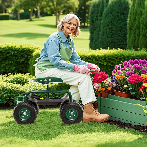 Rolling Garden Cart with 360° Swivel Seat, Tool Tray & Basket, Height Adjustable Gardening Workseat on Wheels, Patio Wagon Scooter for Planting - Bestoutdor