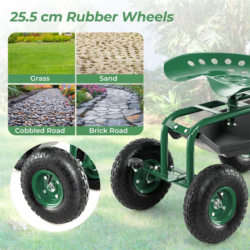 Rolling Garden Cart with 360° Swivel Seat, Tool Tray & Basket, Height Adjustable Gardening Workseat on Wheels, Patio Wagon Scooter for Planting - Bestoutdor
