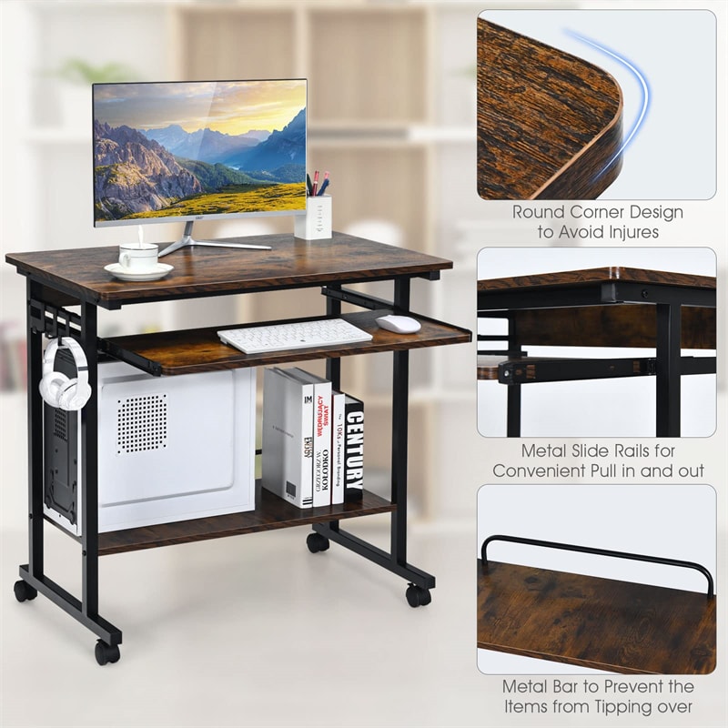 Rolling Computer Desk Cart Portable Laptop PC Desk with Keyboard Tray & CPU Stand for Home Office