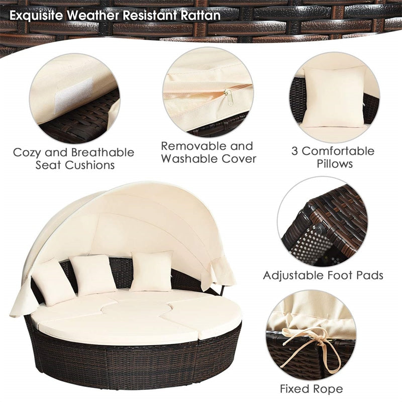Round Wicker Rattan Outdoor Daybed with Retractable Canopy, Sectional Cushioned Sofa Set with Adjustable Coffee Table