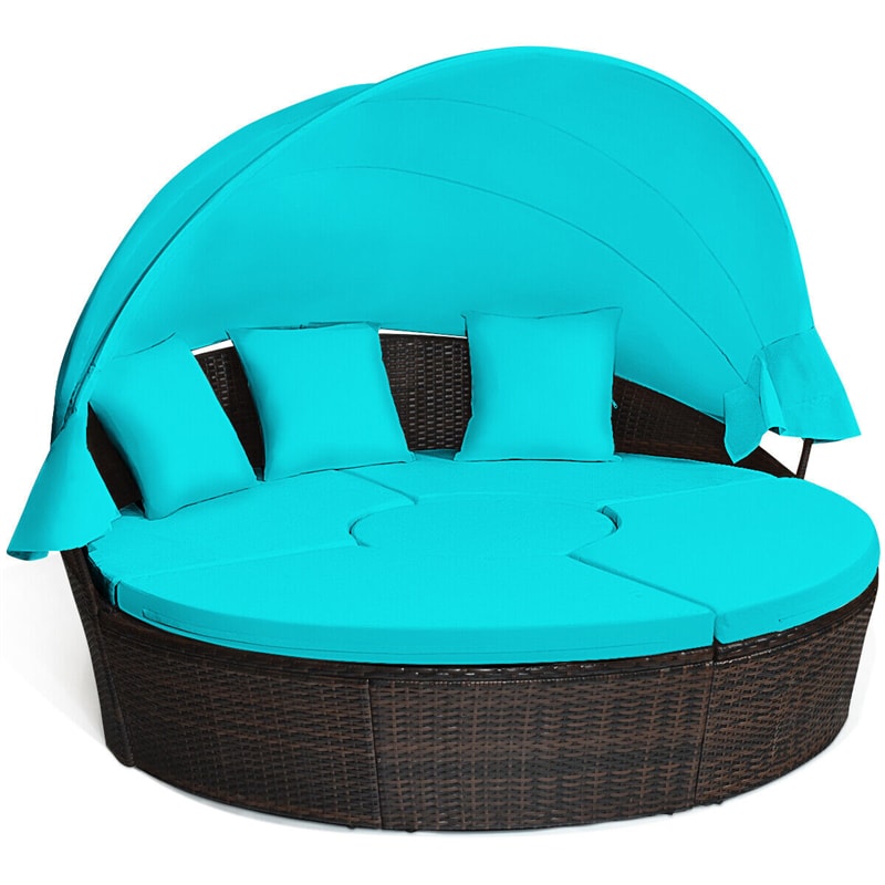 Round Wicker Rattan Outdoor Daybed with Retractable Canopy, Sectional Cushioned Sofa Set with Adjustable Coffee Table
