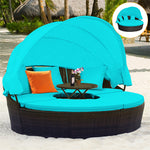 Wicker Outdoor Daybed Round Rattan Sectional Cushioned Sofa Set with Retractable Canopy & Adjustable Coffee Table