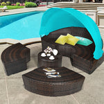 Wicker Outdoor Daybed Round Rattan Sectional Cushioned Sofa Set with Retractable Canopy & Adjustable Coffee Table
